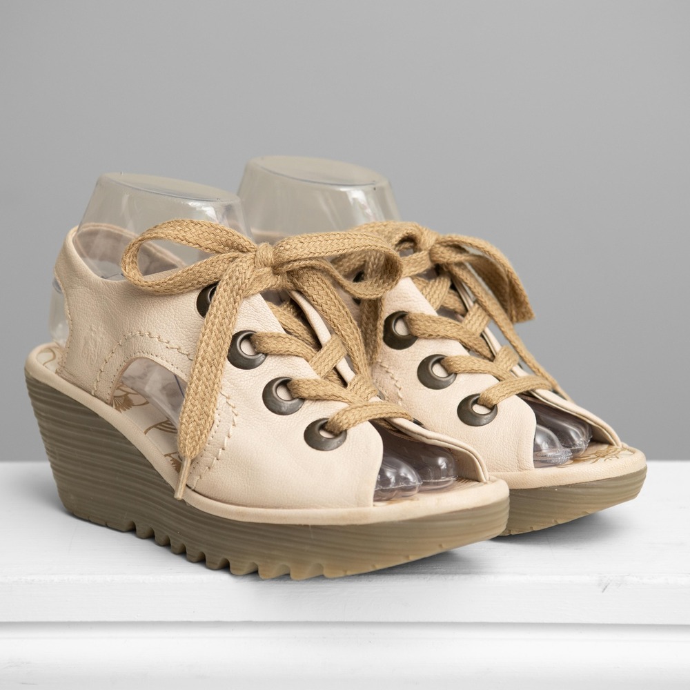 Fly London Yala Sz 7.5 Leather Lace Up Peep Toe Wedge Sandals Minimalist Earthy